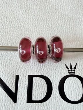 Authentic Pandora Cerise Heart Murano Glass Charm, 791664PCZ, Set of 3
